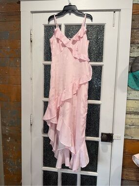 Japna Light Pink Satin Slip Dress with Ruffle Trim
